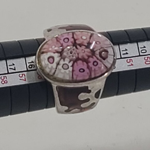 alan  K Sterling Silver 925 ring Pink floral Millifiori Glass Flower Ring - Picture 9 of 9